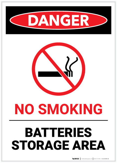 Danger: No Smoking Battery Storage with Icon Portrait - Label
