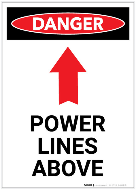Danger: Power Lines Above with Arrow Portrait - Label