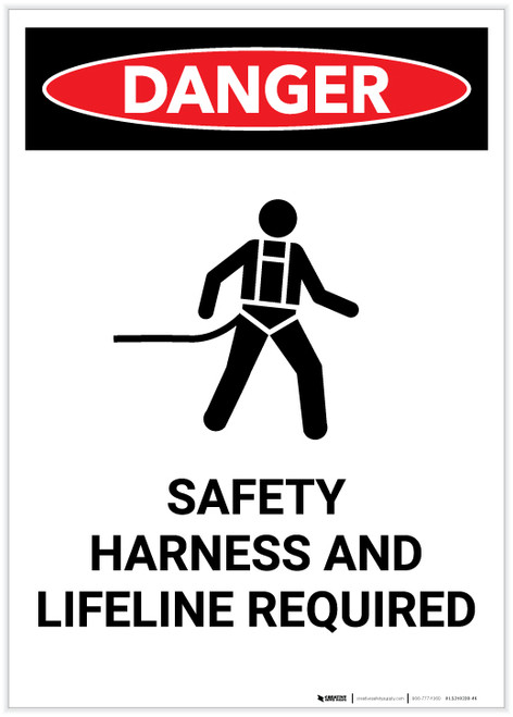 Danger: Safety Harness and Lifeline Required with Icon Portrait - Label