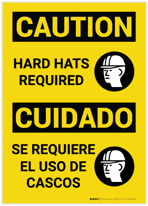 Caution: Hard Hats Required Caution Bilingual Spanish - Label