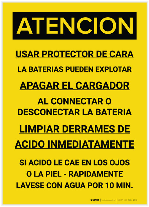 Caution: Wear Face Shield Batteries May Explode Spanish - Label