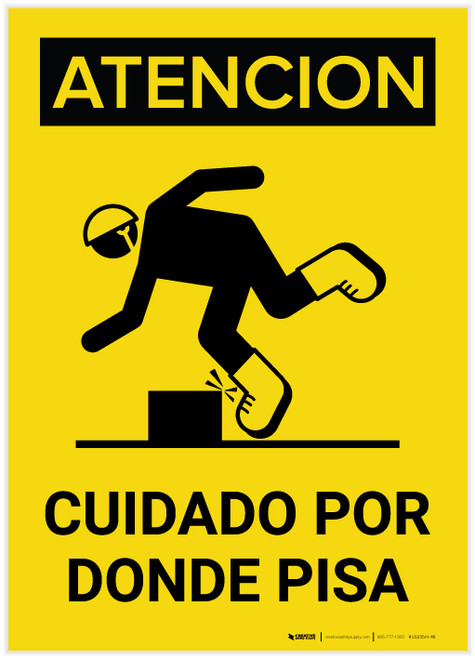 Caution: Watch Where You Step Spanish Portrait with Graphic - Label