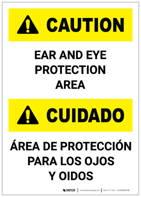 Caution: Ear and Eye Protection Area Bilingual Spanish Portrait - Label