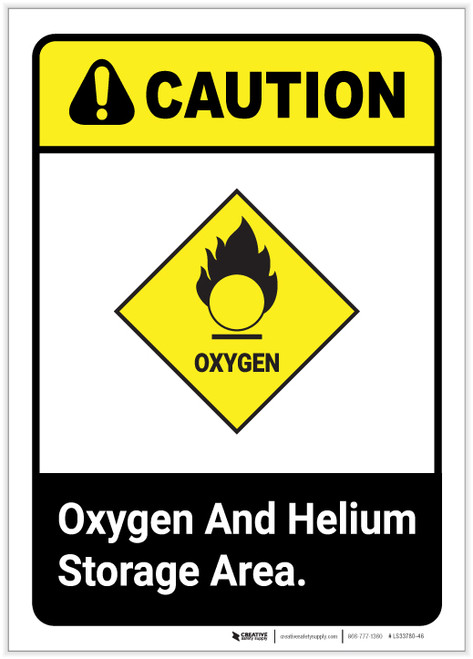 Caution: Oxygen and Helium Storage Area ANSI Portrait - Label