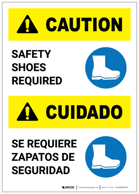 Caution: Safety Shoes Required Bilingual Spanish Portrait - Label
