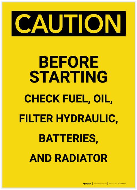 Caution: Check Fuel Oil Filter Hydraulic Batteries Radiator Portrait - Label