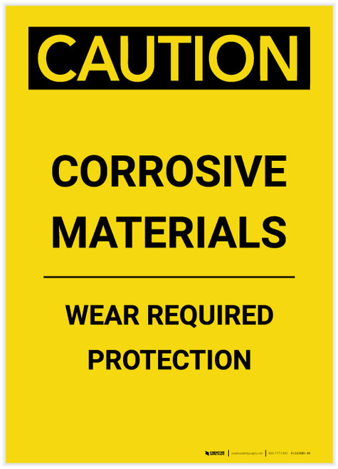 Caution: Corrosive Materials Wear Protection Yellow Portrait - Label