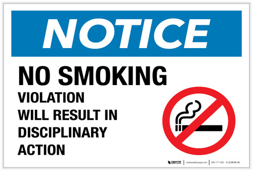 Notice: No Smoking - Disciplinary Action with Icon - Label