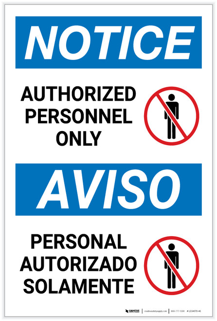 Notice: Authorized Personnel Only Bilingual Spanish Portrait - Label