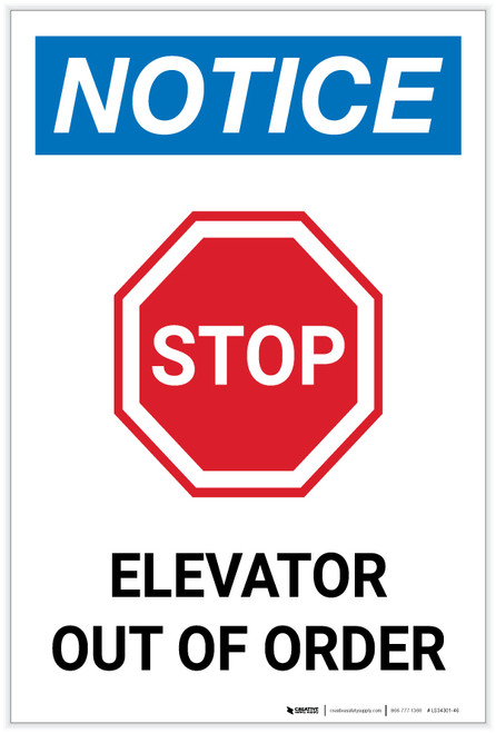 Notice: Stop - Elevator Out Of Order Portrait - Label