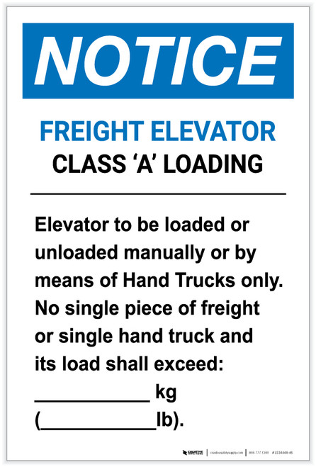 Notice: Freight Elevator Class A Loading - Label