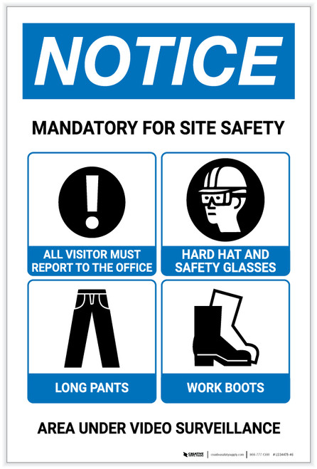 Notice: Mandatory For Site Safety - PPE/Area Under Video Surveillance Portrait with Icons - Label