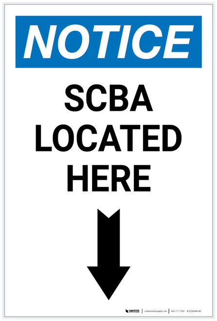 Notice: SCBA Located Here with Down Arrow Portrait - Label
