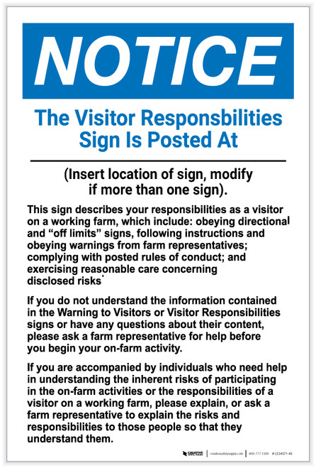 Notice: The Visitor Responsibilities Sign - Label