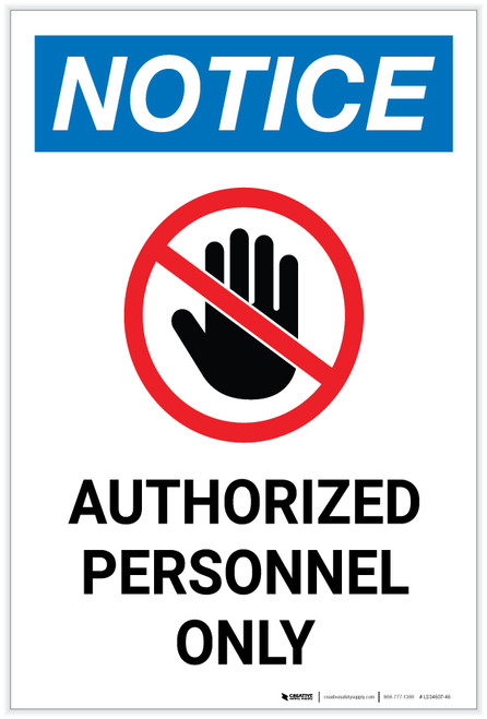Notice: Authorized Personnel Only Hand Icon Portrait - Label