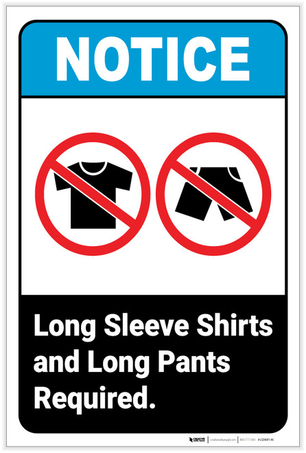 Notice: Long Sleeve Shirts Pants Required Portrait ANSI - Label