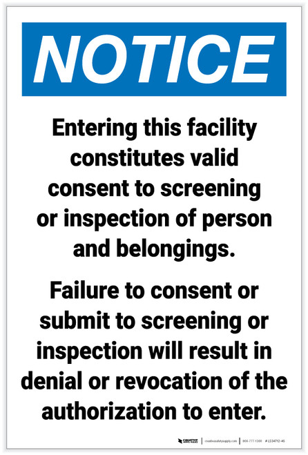 Notice: Facility Screening Consent Portrait - Label