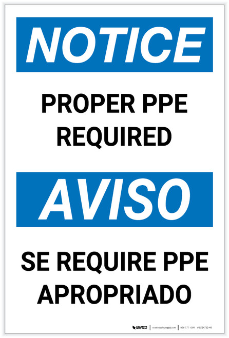 Notice: Proper PPE Required Bilingual Spanish Portrait - Label