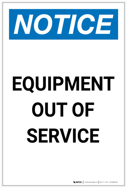 Notice: Equipment Out Of Service Portrait - Label