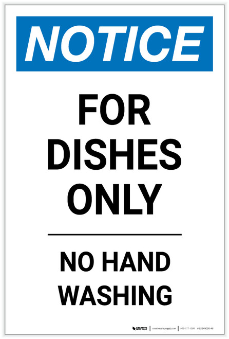 Notice: For Dishes Only No Hand Washing Portrait - Label