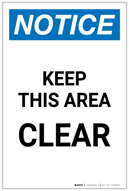 Notice: Keep This Area Clear Portrait - Label