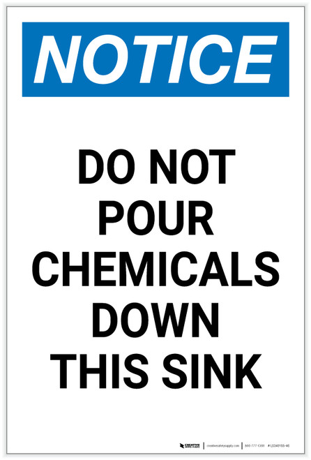 Notice: Do Not Pour Chemicals Down this Sink Portrait - Label