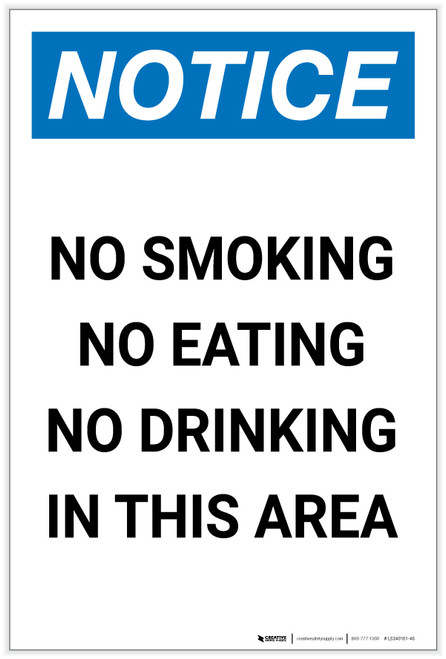 Notice: No Smoking No Eating No Drinking in This Area Portrait - Label