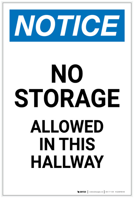 Notice: No Storage Allowed In Hallway Portrait - Label