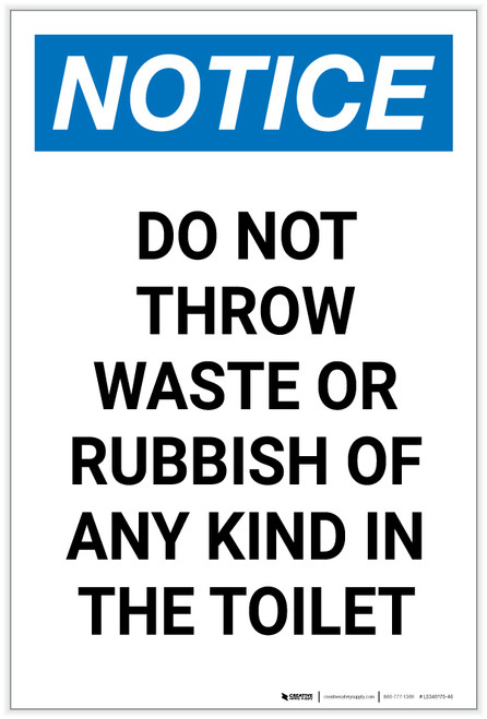 Notice: No Waste Or Rubbish of Any Kind in Toilet Portrait - Label