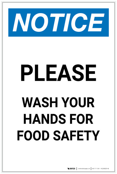 Notice: Please Wash Your Hands For Food Safety Portrait - Label