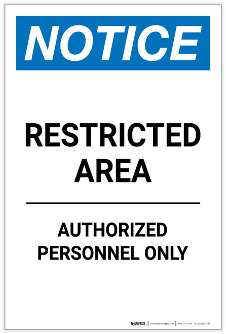 Notice: Restricted Area Authorized Personnel Only Portrait - Label