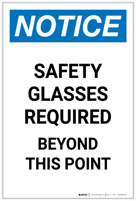 Notice: Safety Glasses Required Beyond This Point Portrait - Label