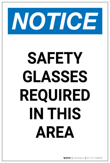Notice: Safety Glasses Required In This Area Portrait - Label