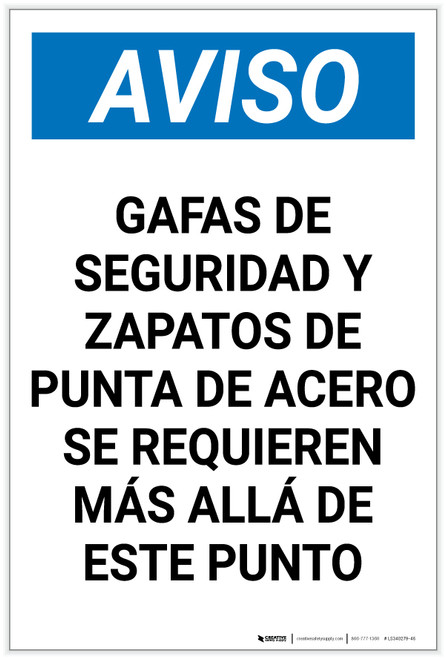 Notice: Safety Glasses Steel Toe Shoes Required Beyond This Point Spanish Portrait - Label