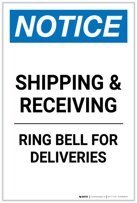 Notice: Shipping & Receiving - Ring Bell for Deliveries Portrait - Label