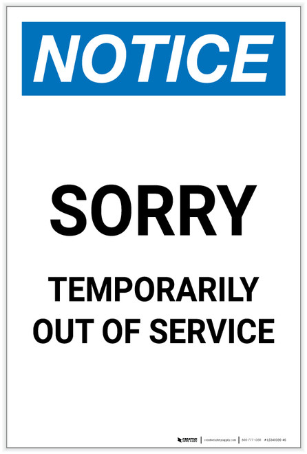 Notice: Sorry - Temporarily Out Of Service Portrait - Label