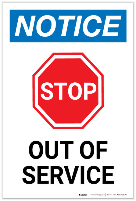 Notice: Stop Out Of Service Portrait - Label
