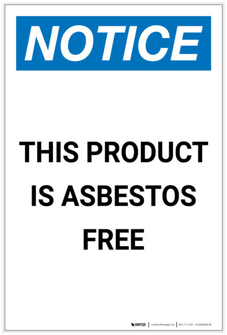 Notice: This Product is Asbestos Free Portrait - Label