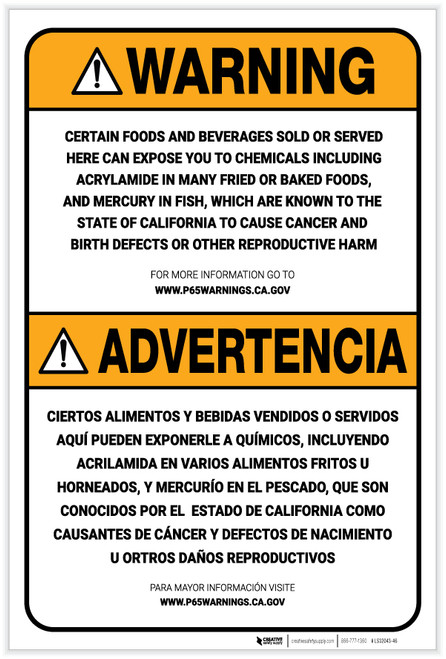 Warning: Prop 65 Food and Beverages Bilingual (Spanish) - Label