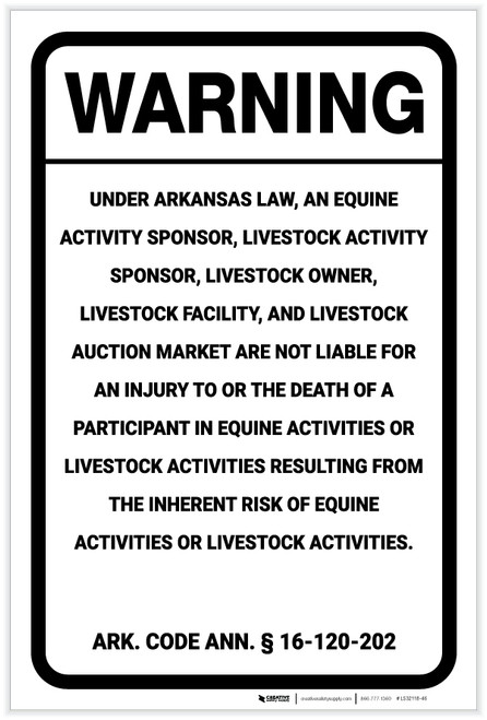 Warning: Arkansas Equine Liability AR - Label