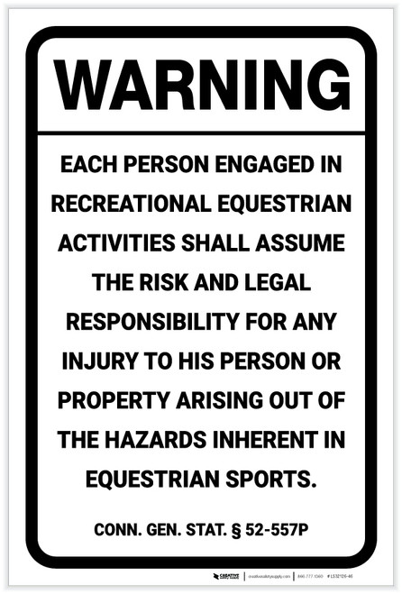 Warning: Connecticut Equine Liability CT - Label