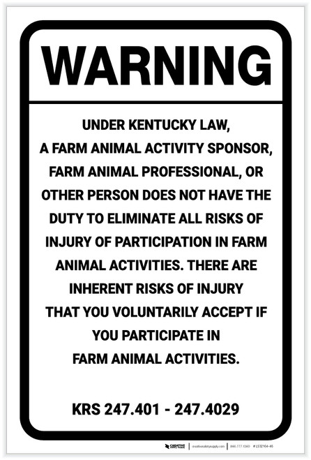 Warning: Kentucky Equine Liability KY - Label