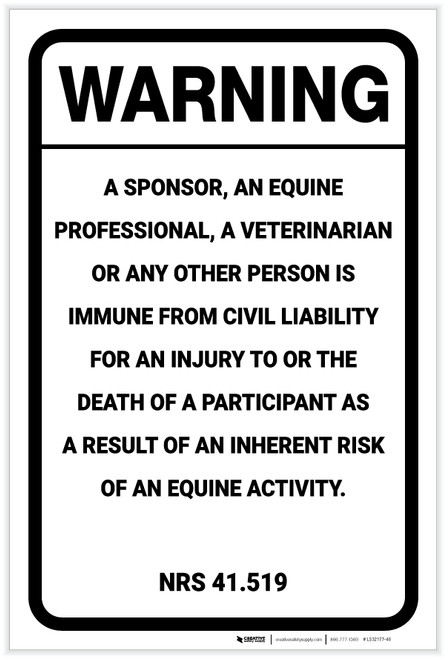 Warning: Nevada Equine Liability NV - Label