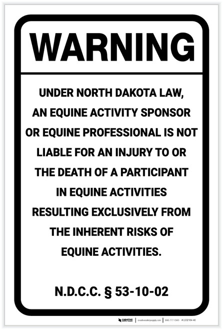 Warning: North Dakota Equine Liability ND - Label