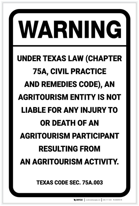 Warning: Texas Law Agritourism Liability TX - Label
