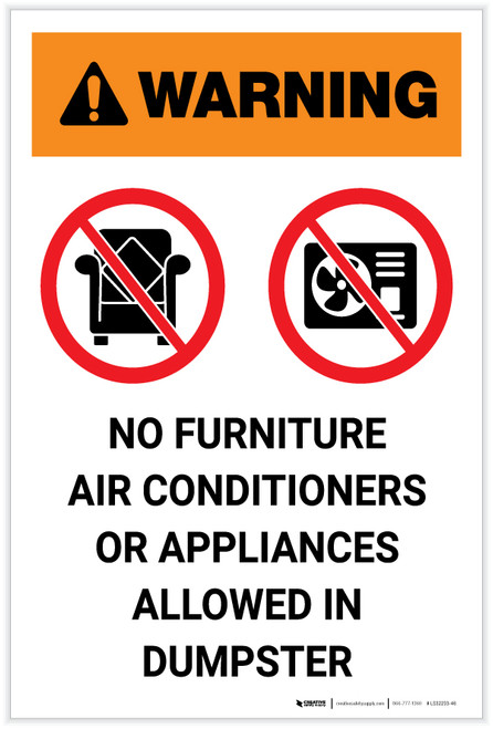 Warning: No Furniture Air Conditioners Or Appliances Allowed In Dumpster with Icons Portrait - Label