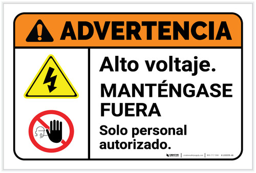 Warning: High Voltage Keep Away Spanish with Icons Landscape - Label