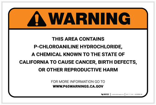 Warning: Prop 65 P Chloroaniline Hydrochloride - Label