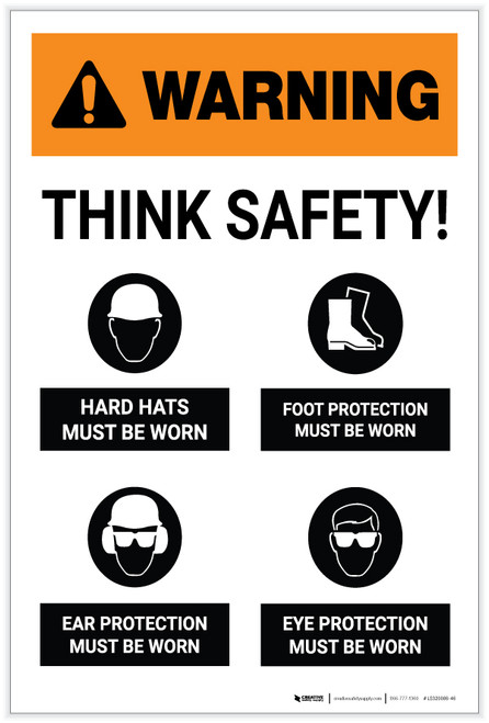 Warning: Think Safety PPE Must Be Worn Portrait - Label