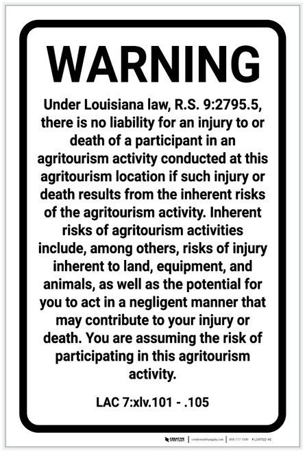 Louisiana Agritourism Liability LA - Label
